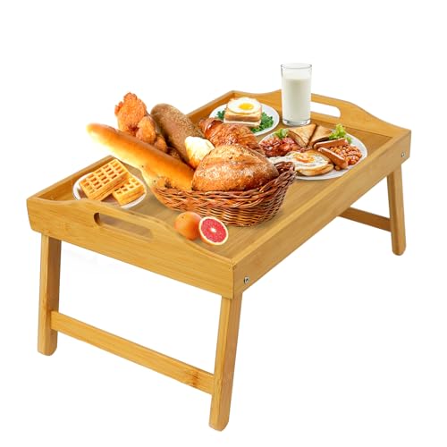  Artmeer Bed Tray Table Breakfast Food Tray with Folding Legs Serving  Tray for Laptop Desk, Sofa,Platters,TV,Snack,Eating Tray(Black, Medium)