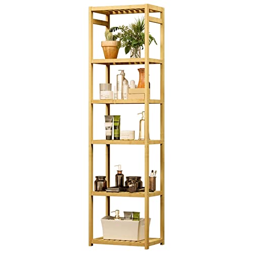 Bookshelf, 6-Tier Bamboo Adjustable 63.4” Tall Bookcase Book Shelf Organizer,  Fr