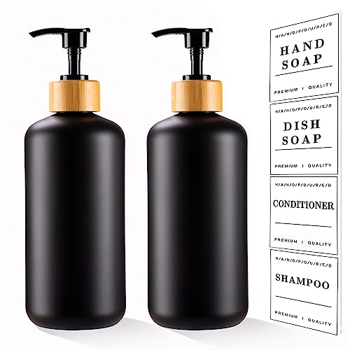 Set of 2 AMBER Glass Bottles Dish Soap Hand Soap, SIGNATURE Style  Waterproof Label, PREMIUM Pumps, Refillable Soap Dispensers 