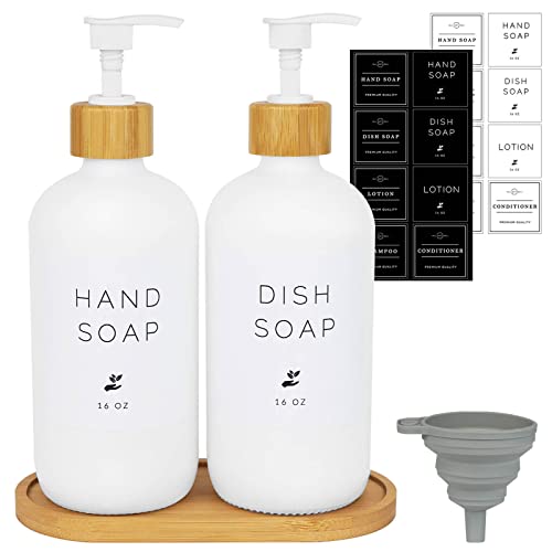 Dish Soap Dispenser and Hand Soap Dispenser with Bamboo Pump and Tray 16 Oz  Matte White Soap Dispenser Set for Kitchen Sink 