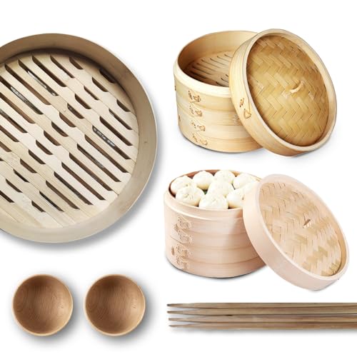 Prime Home Direct Bamboo Steamer Basket 10-inch , 2-Tier Steamer for Cooking  , 50 Liners, Chopsticks & Sauce Dish , Dumpling Steamer, Food Steamer  Baskets for Cooking - Rice & Vegetable Steamer Pot 