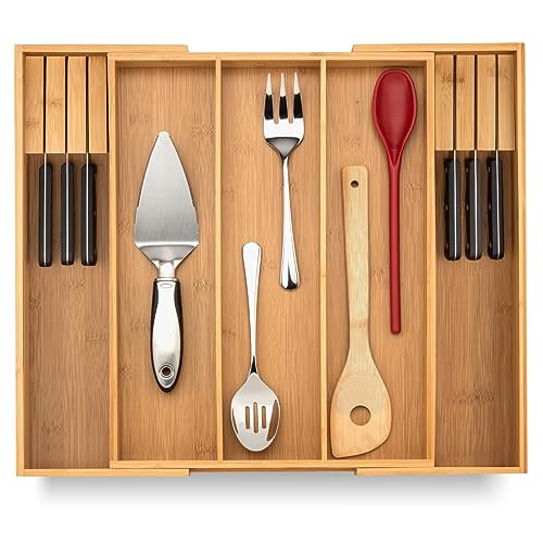 SpaceAid Bamboo Silverware Drawer Organizer with Labels, Kitchen Utensil  Expandable Tray Holder Organizer for Flatware, Cutlery, Spoon and Knives