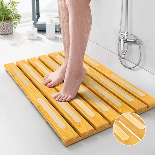 Teak Wood Bath Mat, Wooden Shower Mat for Bathroom, 24 X 16 Inch