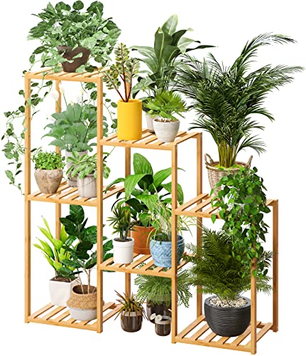 Wisuce Bamboo Shelf Indoor, 2 Tier Window Tall Stand Table for Multiple  Plants