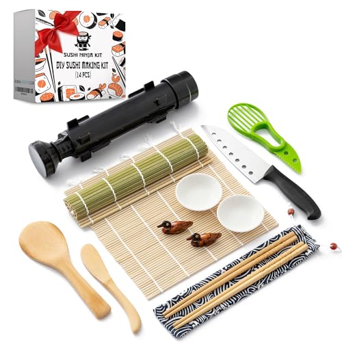 Sushi Making Kit, 22 in 1 Sushi Roller Maker Bazooker Kit with Bamboo Mats,  Chef's Knife, Chopsticks, Sauce Dishes, Rice Spreader, Avocado Slicer for