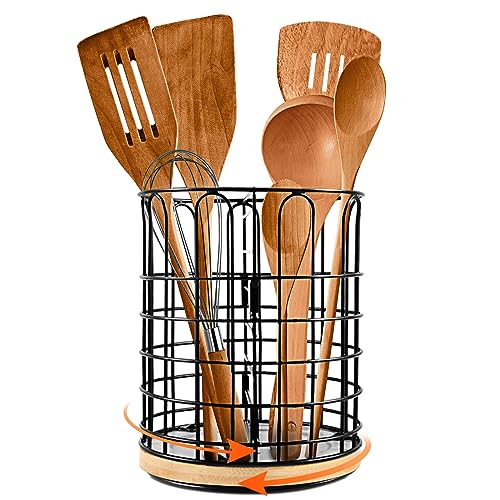 Bamboo Holder with 5 Piece Premium Bamboo Kitchen Serving Utensil Set  (Striped Pattern)
