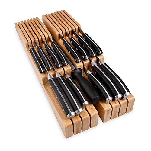 Bamboo Universal Knife Block - Knife Holder with 2 Built-In Knife  Sharpeners - 2-Tiered Modern Knife Storage Up to 16 Large and Small Knives