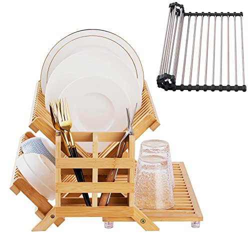 HBlife Dish Rack Bamboo Folding 2-Tier Collapsible Drainer Dish Drying Rack with Utensils Flatware Holder Set (Dish Rack with Utensil Holder)