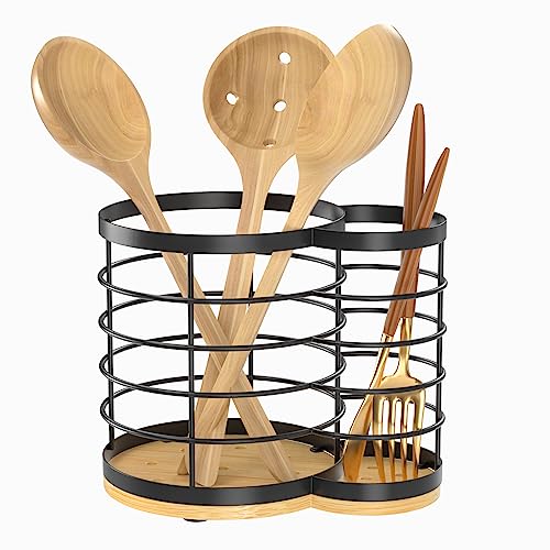 1pc Oversized Kitchen Utensils Stand With 4 Compartments, Matte Black Metal  Stand With Wooden Base, For Kitchen Countertops, Farmhouse Cooking Utensil