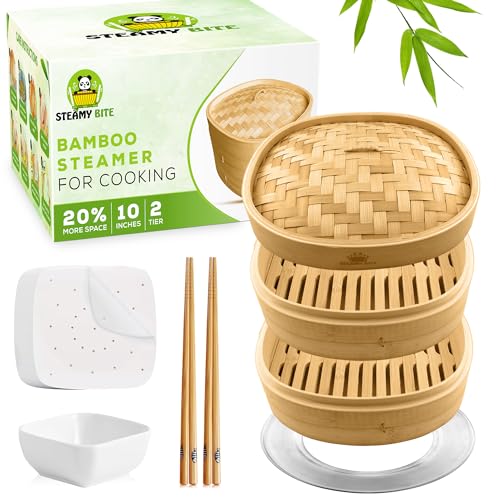 Prime Home Direct Bamboo Steamer Basket 12-inch | 2-Tier Steamer for  Cooking | 50 Liners, Chopsticks, Sauce Dish | Dumpling Steamer, Food  Steamer