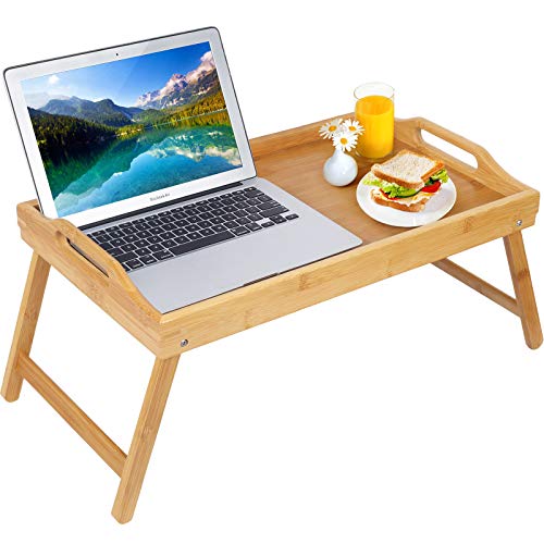 Artmeer Bed Tray Table with Handles Folding Legs Bamboo Breakfast Tray with Phone Tablet Holder Foldable Food Serving Trays for Eating O