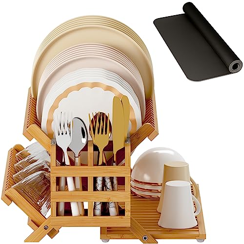HBlife Dish Rack Bamboo Folding 2-Tier Collapsible Drainer Dish Drying Rack with Utensils Flatware Holder Set (Dish Rack with Utensil Holder)